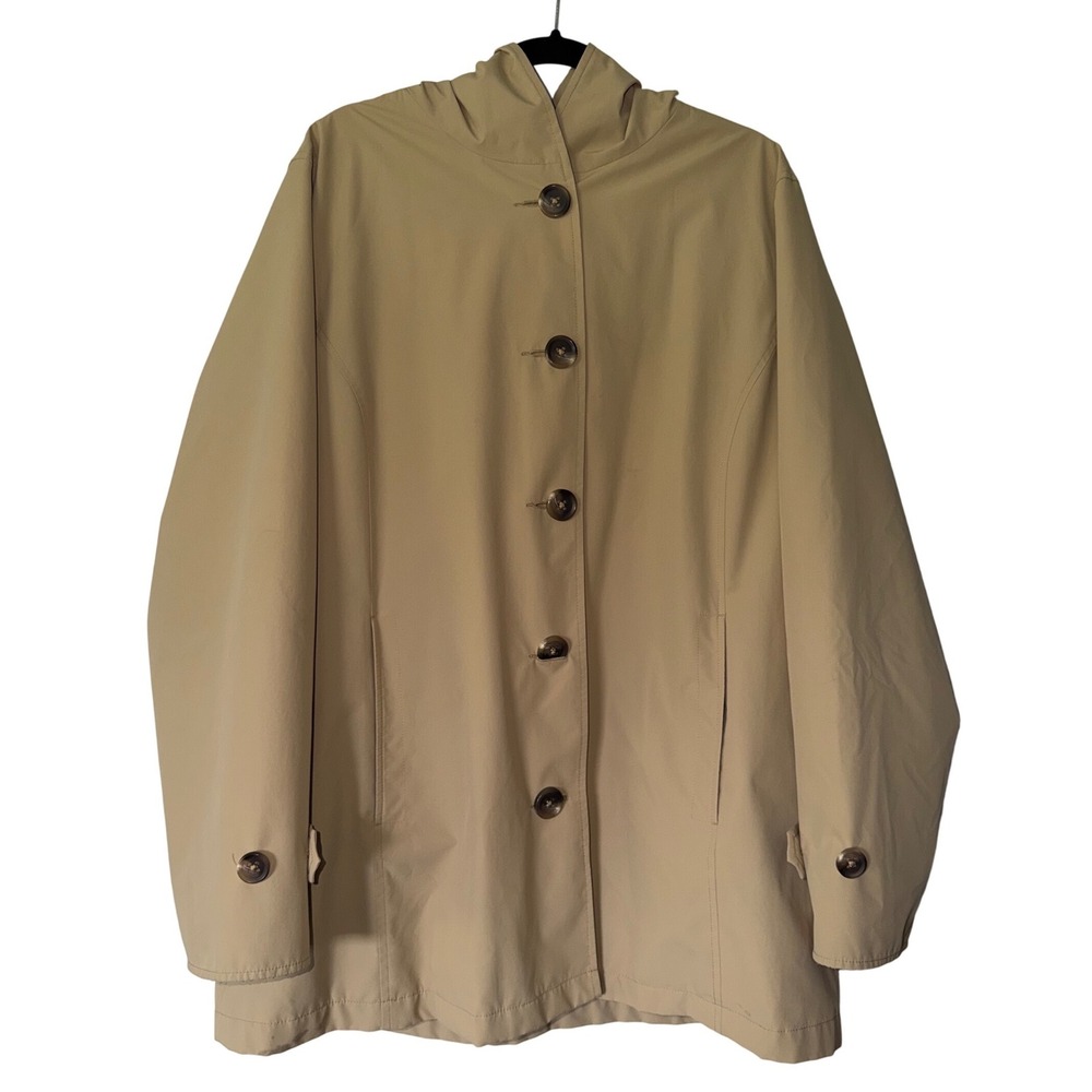 LL Bean Tan Khaki‎ Hooded Rain Jacket Button Front XL Mens Coat